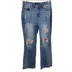 Judy Blue Mid-Rise Plaid Patch Distressed Detail Bootcut Jeans Womens Size 14W